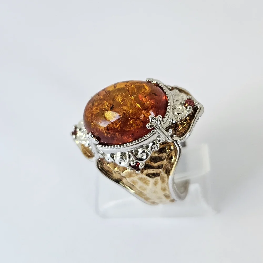 Natural Baltic Amber & Red Sapphire Ring 18K & Palladium Silver Sz 8 - Picture 3 of 5